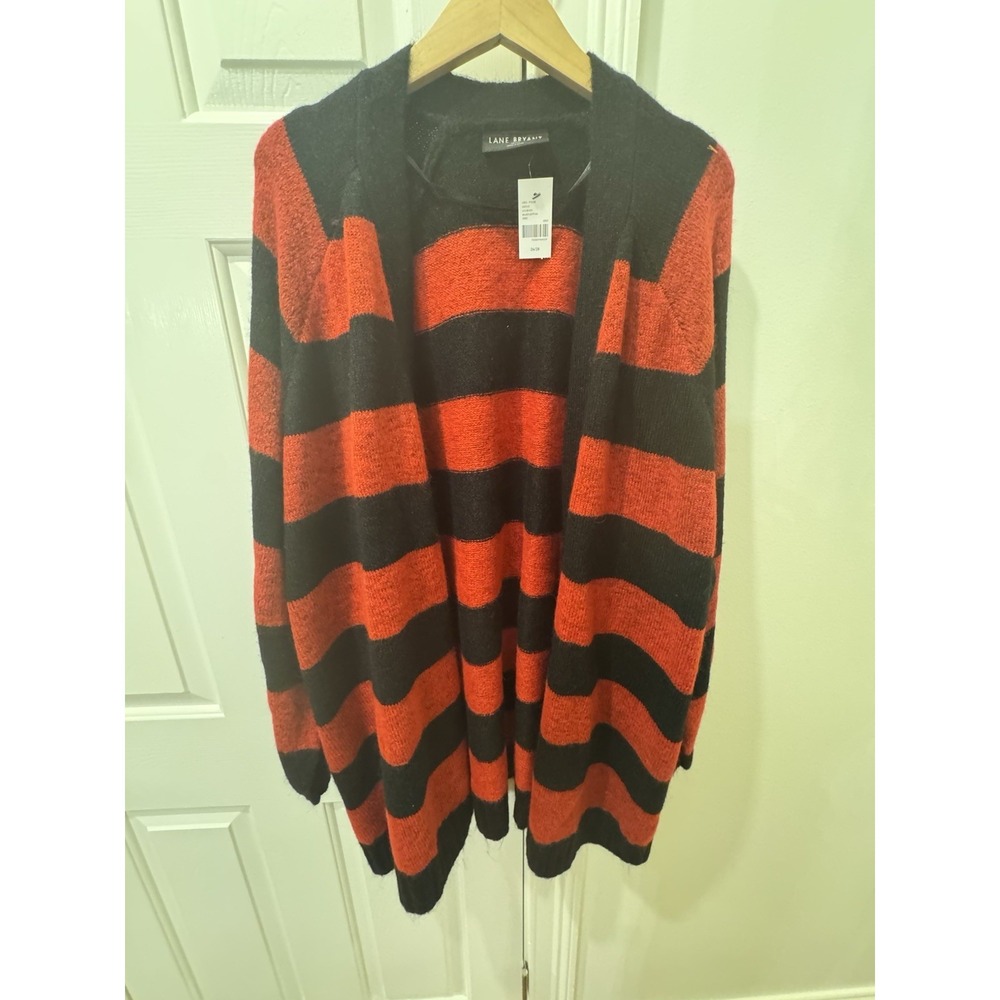 NWT Lane Bryant 26/28 Red Black Striped Open Front Cardigan Long Plus Size